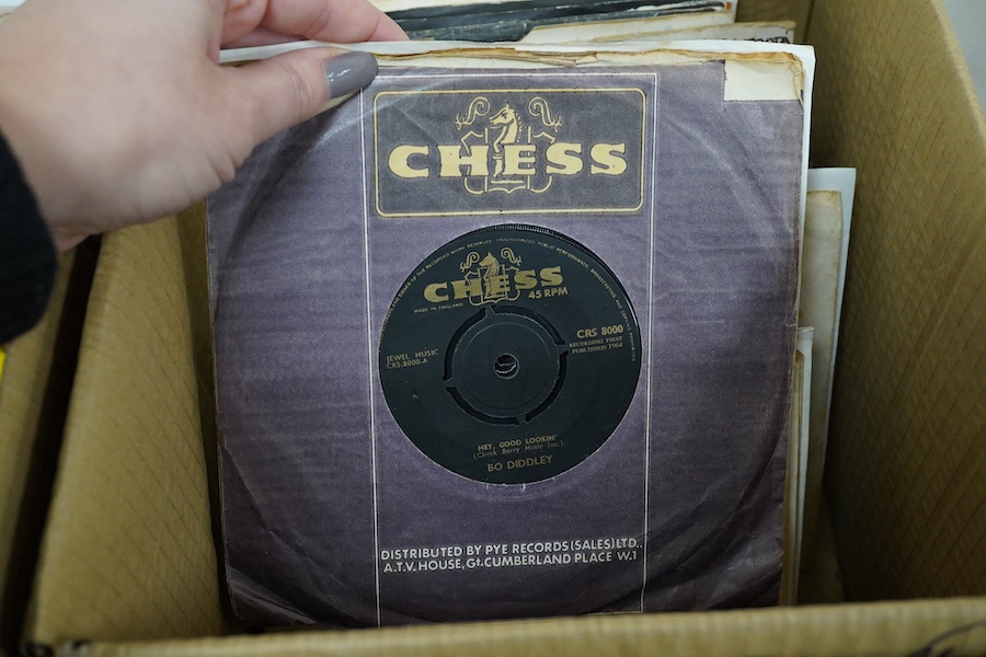 Four boxes of 7 inch singles on record labels, including; Chess, Immediate, King, Chrysalis, Charisma, Beacon, Epic, Ember, Embassy, Blue Horizon, Bell, Invictus, Island, etc. artists include; Small Faces, Humble Pie, th